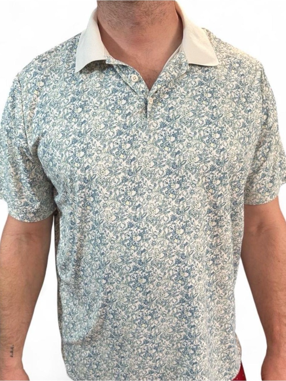 All in Motion Men’s Blue Cream Floral Polo Shirt Golf Activewear XL Old Money